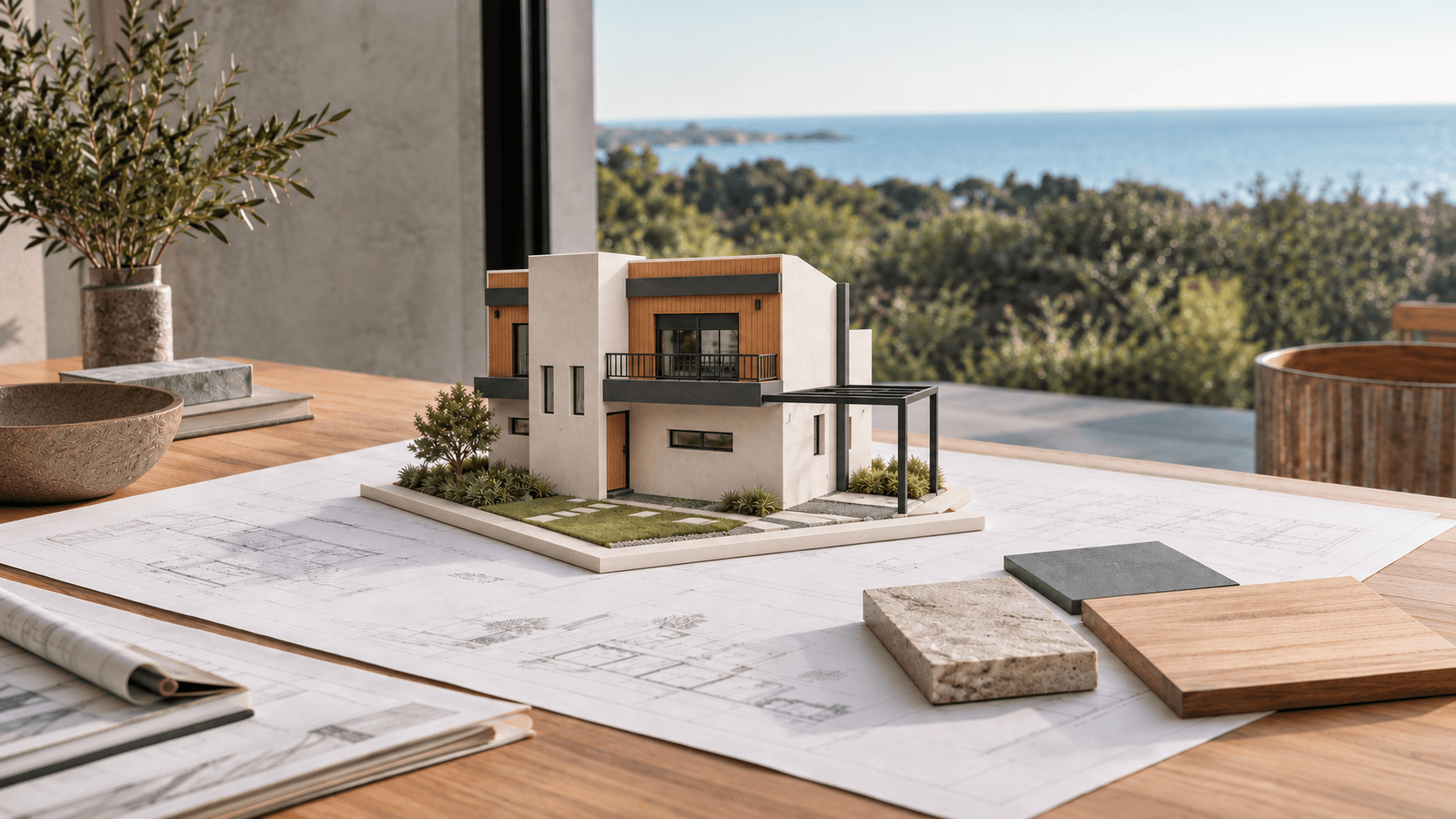 Maquete de uma casa sobre plantas, com amostras de pedra e madeira, diante de uma janela com vista para o mar