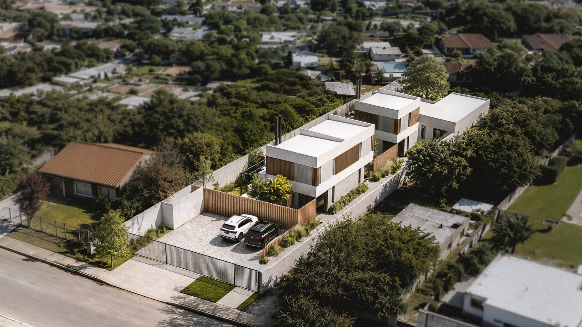 Aerial view of the four Florencia Housing homes in Shangrilá, with a blurred background