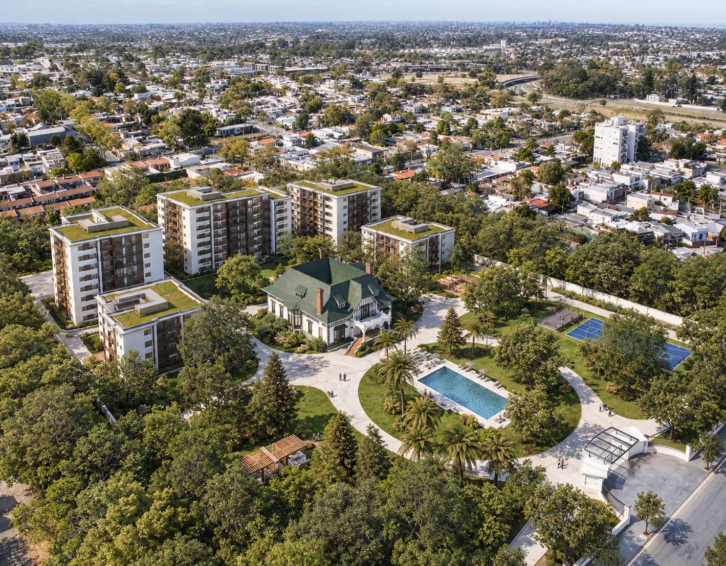 Aerial view of the Town Park complex in Prado, showing the historic house and the swimming pool